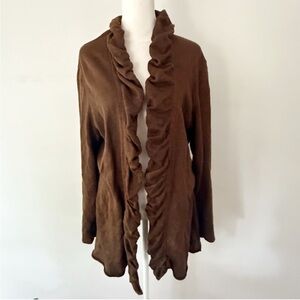 Lafayette 148 Women Linen Blend Ruffle Cardigan XL Chocolate Brown Casual Whimsy